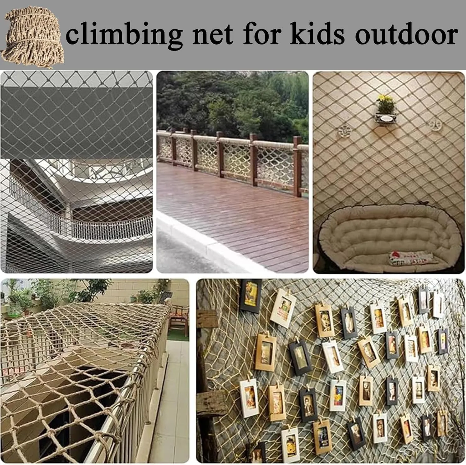 Climbing Net - Heavy-Duty Double Layer Hemp Rope Netting for Playground, Treehouse Accessories, Durable Polyester, Jute Adventure Climbing Nets(3x23FT/1x7(M))