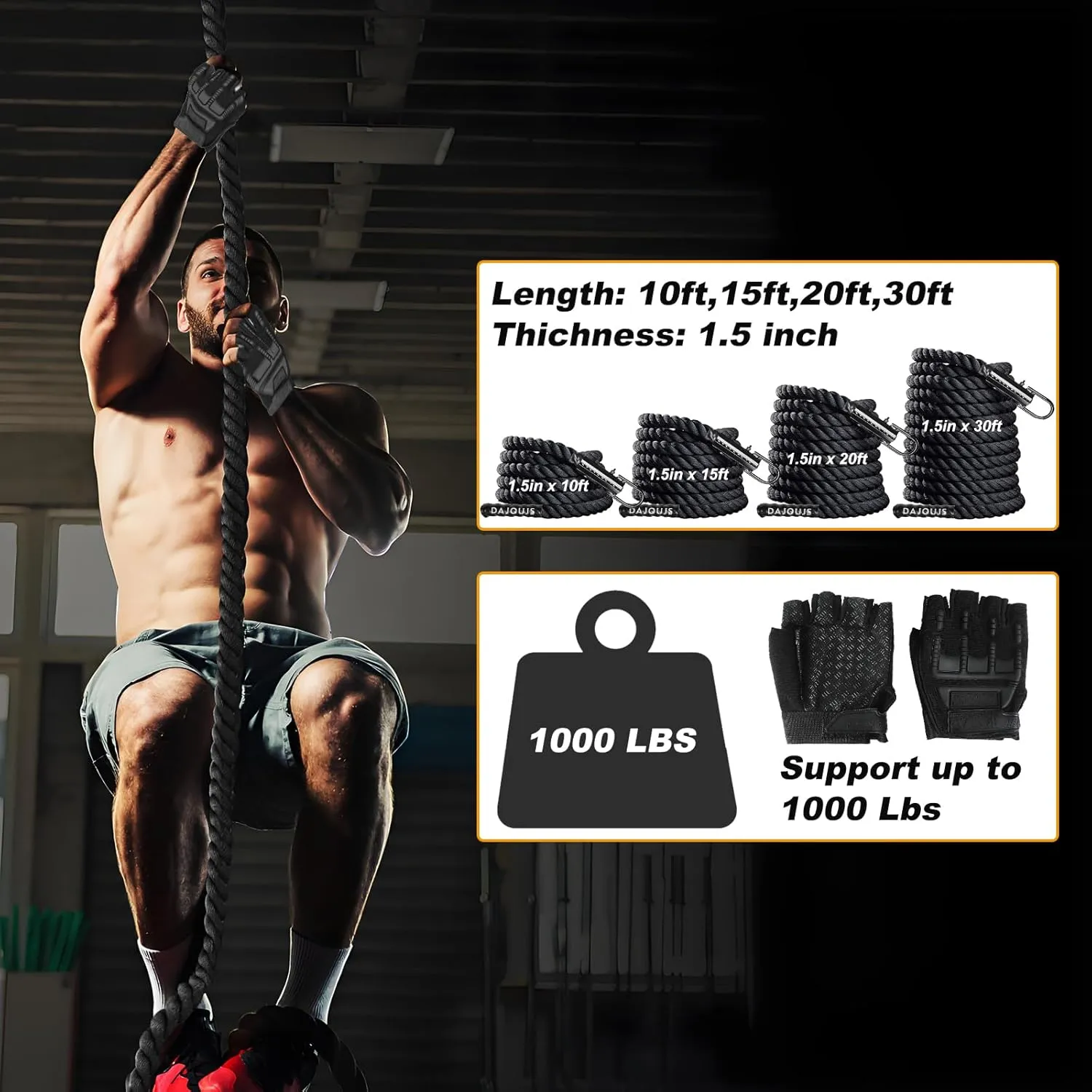 Climbing Rope 1.5 Inch Diameter 10/15 / 20/30 Feet Length Gym Climbing Rope for Workout Fitness & Strength Training, Gym Rope, Exercise Climbing Rope in Black for Adults Outdoor & Indoor