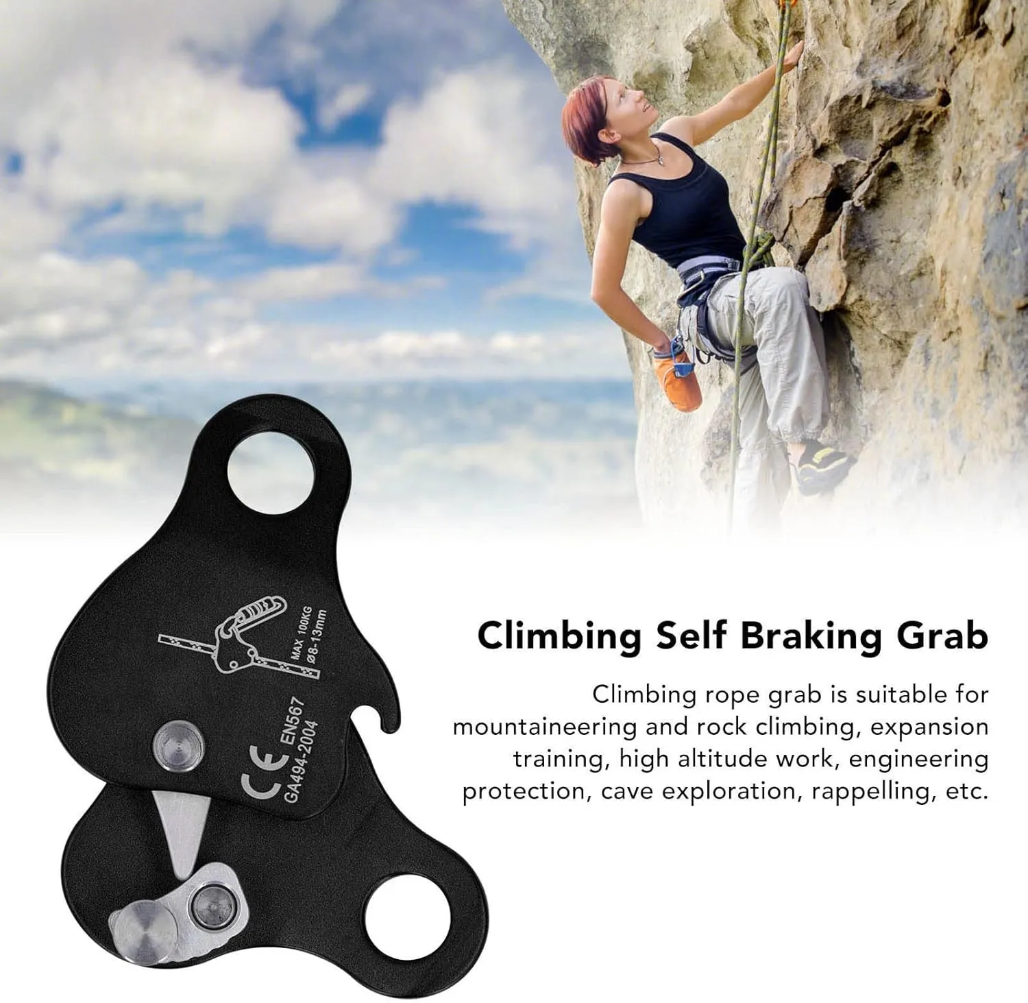 Climbing Rope Grab Self Locking Aluminum Alloy, High Strength, Light Weight, 8 to 13mm Ropes, CE Certified EN567, 5KN Load Capacity, 100KG, Rock Climbing, Outdoor Activities