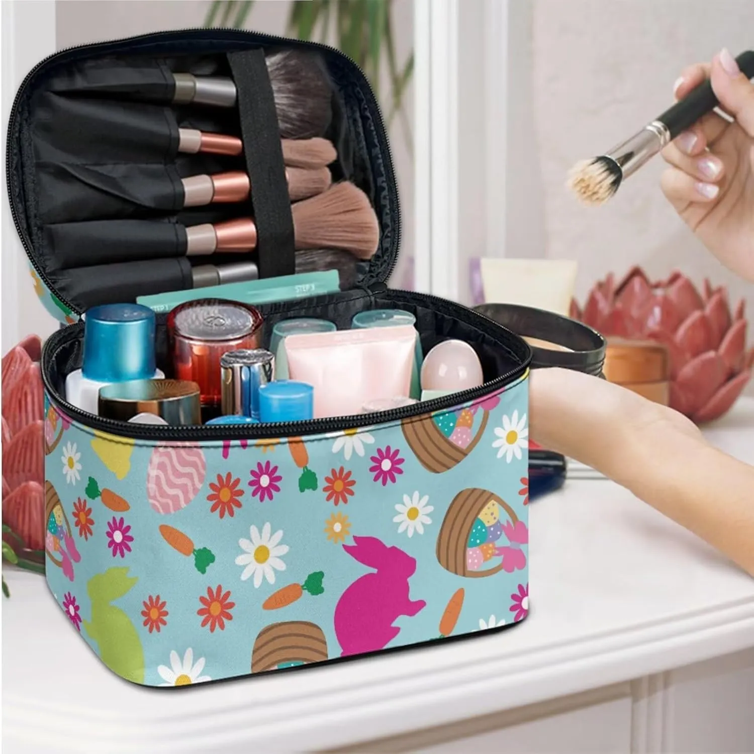 COEQINE 3 Pieces Makeup Bag Blue Rabbit Eggs Easter Cute Large Makeup Box With Handles, Elegant Roomy Makeup Bags,lipstick pouch,Zipper Pouch,Great Gifts for Women Waterproof Wash Bag