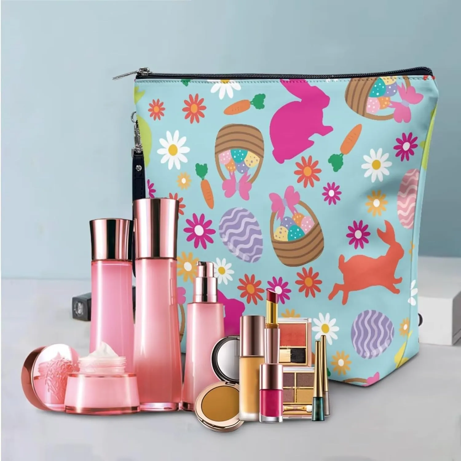 COEQINE 3 Pieces Makeup Bag Blue Rabbit Eggs Easter Cute Large Makeup Box With Handles, Elegant Roomy Makeup Bags,lipstick pouch,Zipper Pouch,Great Gifts for Women Waterproof Wash Bag