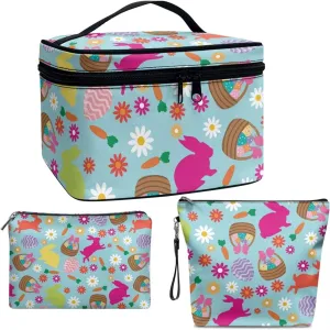 COEQINE 3 Pieces Makeup Bag Blue Rabbit Eggs Easter Cute Large Makeup Box With Handles, Elegant Roomy Makeup Bags,lipstick pouch,Zipper Pouch,Great Gifts for Women Waterproof Wash Bag