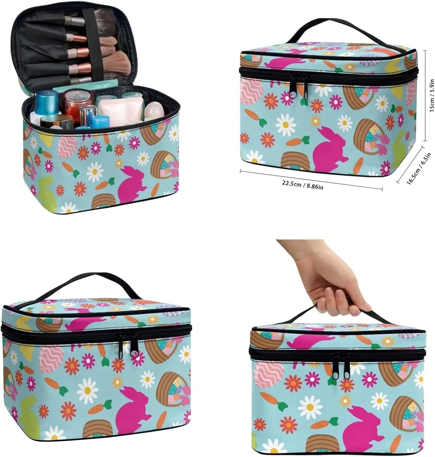 COEQINE 3 Pieces Makeup Bag Blue Rabbit Eggs Easter Cute Large Makeup Box With Handles, Elegant Roomy Makeup Bags,lipstick pouch,Zipper Pouch,Great Gifts for Women Waterproof Wash Bag