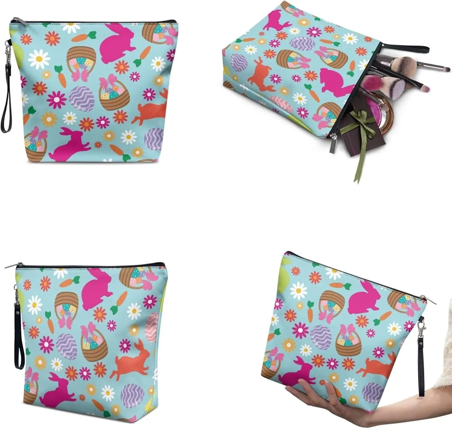 COEQINE 3 Pieces Makeup Bag Blue Rabbit Eggs Easter Cute Large Makeup Box With Handles, Elegant Roomy Makeup Bags,lipstick pouch,Zipper Pouch,Great Gifts for Women Waterproof Wash Bag