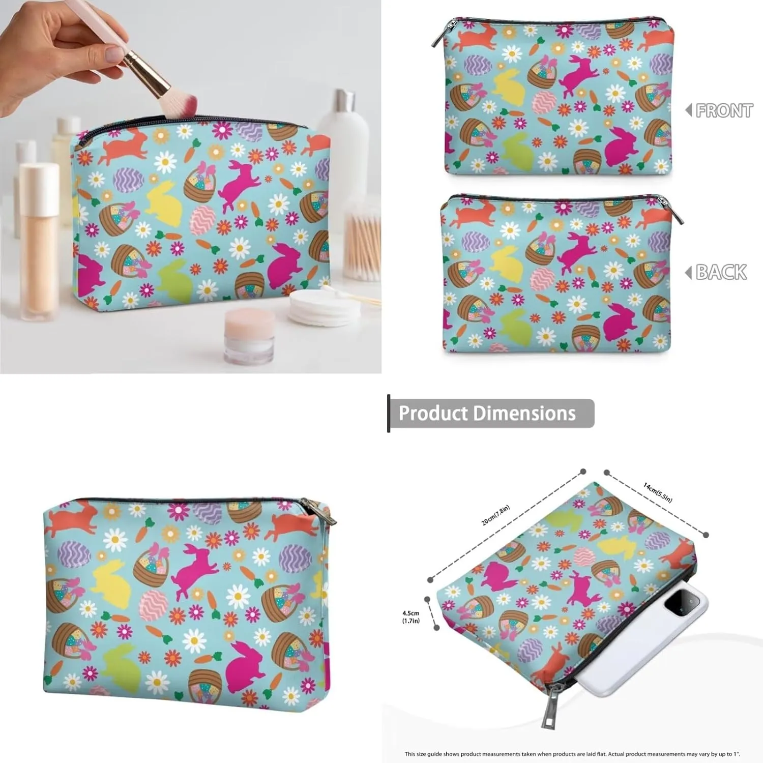 COEQINE 3 Pieces Makeup Bag Blue Rabbit Eggs Easter Cute Large Makeup Box With Handles, Elegant Roomy Makeup Bags,lipstick pouch,Zipper Pouch,Great Gifts for Women Waterproof Wash Bag