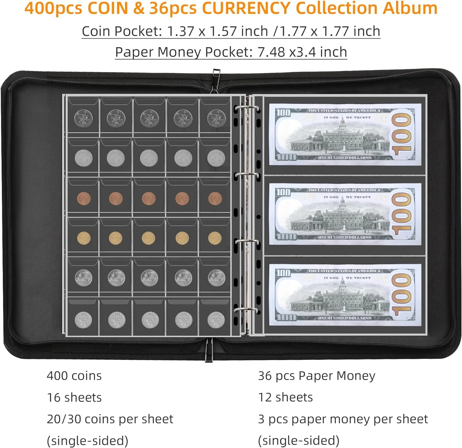 Coin Collection Album Holder for Collectors, 400 Pockets Fireproof Coin Collection Book & 36 Paper Money Organizer Binder for Coin Currency Collection Supplies,Pennies,Bill,Tokens,Badges