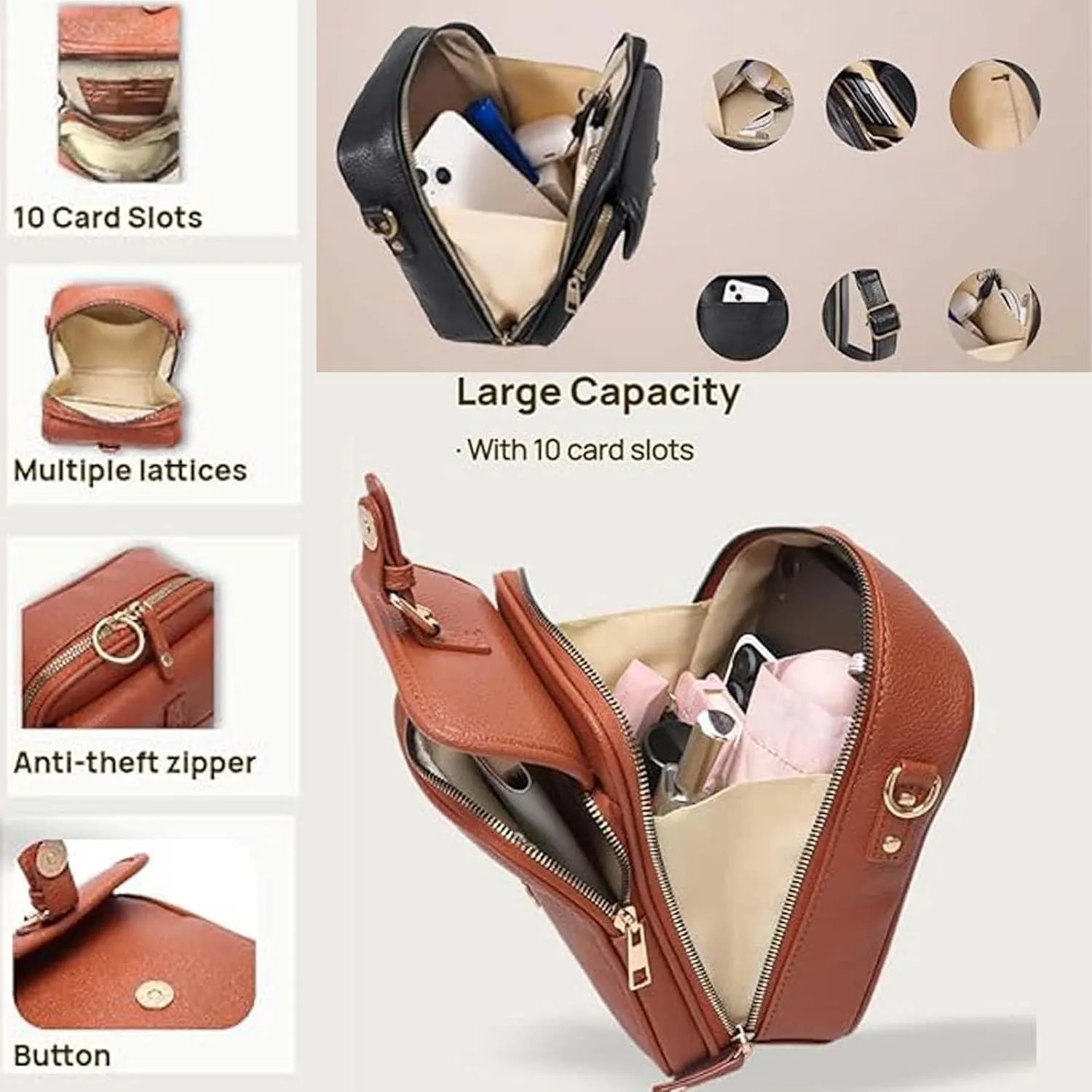 Collaboraten1 Crossbody Leather Bag, 2025 New Urvashi Crossbody Leather Bag, Anti-Theft Retro Design, Large Capacity