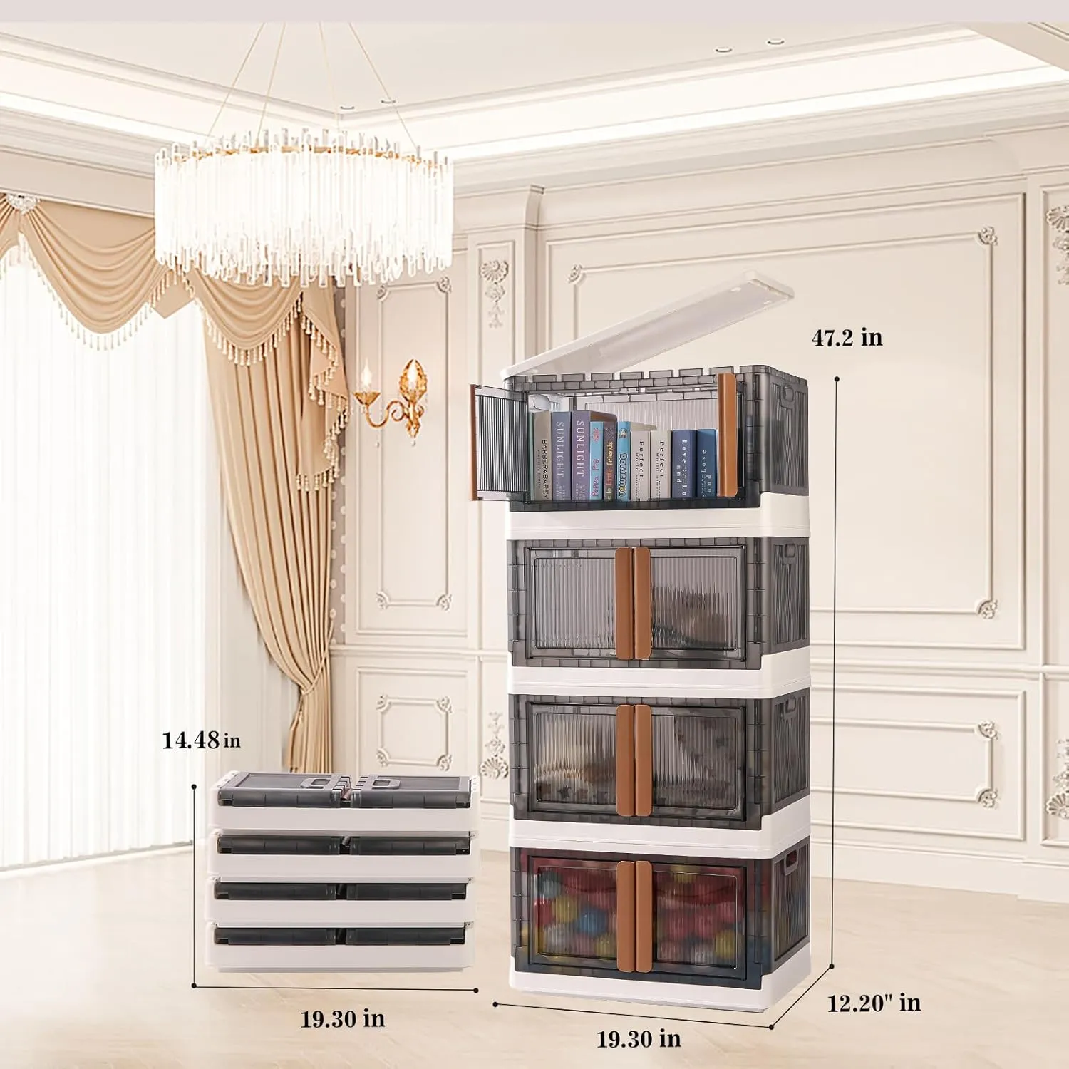 Collapsible Clothes Storage with Wheels can be Freely Stacked, Stackable Bins with Lid and Door for Toy, Seasonal Clothes, Keepsakes, Decorations, Shoes，Food Items.(8.5 Gal 4Pack)