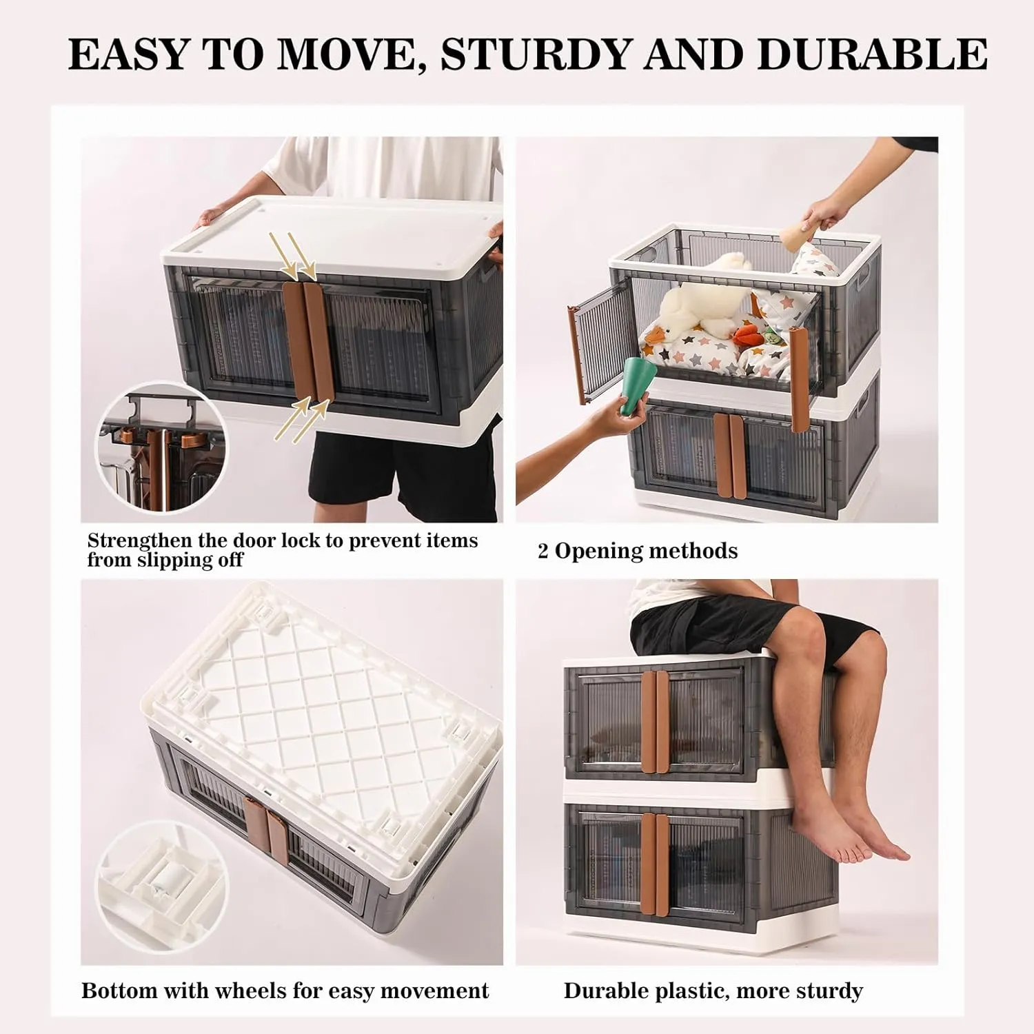 Collapsible Clothes Storage with Wheels can be Freely Stacked, Stackable Bins with Lid and Door for Toy, Seasonal Clothes, Keepsakes, Decorations, Shoes，Food Items.(8.5 Gal 4Pack)