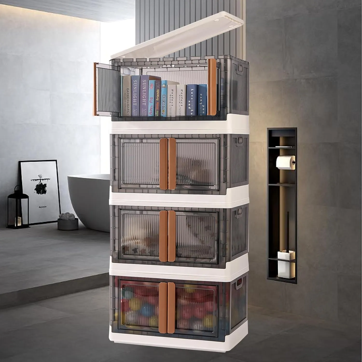 Collapsible Clothes Storage with Wheels can be Freely Stacked, Stackable Bins with Lid and Door for Toy, Seasonal Clothes, Keepsakes, Decorations, Shoes，Food Items.(8.5 Gal 4Pack)