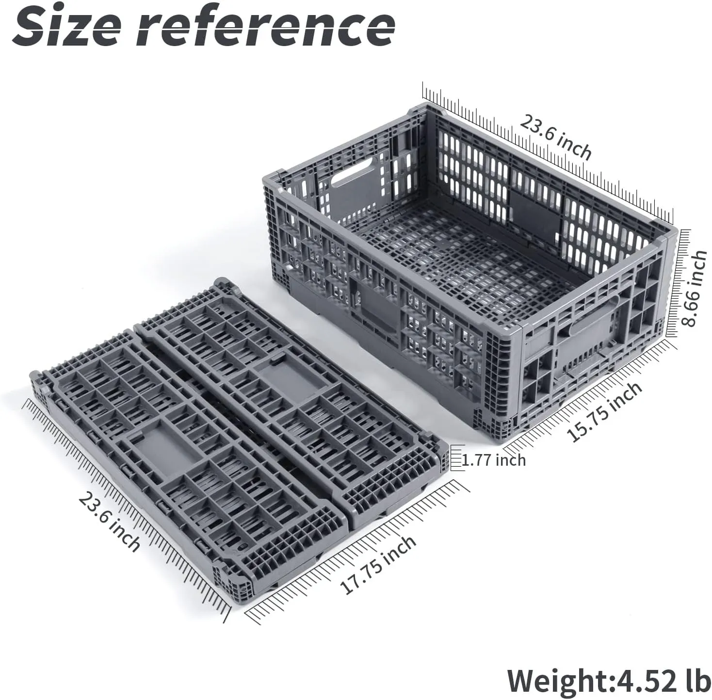 Collapsible Storage Bin/Containe， Transfer box,crate Transit storage of various items (Gray 23.6" L x 15.7" W x 8.6" H)