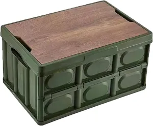 Collapsible Storage Camping Box with Wooden Lid & Waterproof Bag - 55L Large Folding Stackable Plastic Storage Bin, Portable Organizer Cube for Camping, Car Storage, Home Sorting,Green