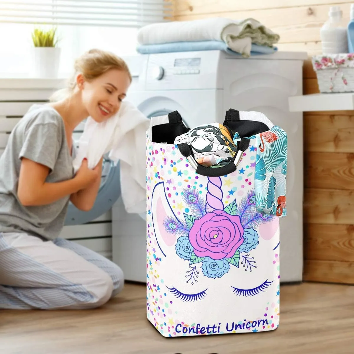 Confetti Unicorn Laundry Basket Clothes Hamper Collapsible Durable Dirty Clothes Large Storage Laundry Organizer