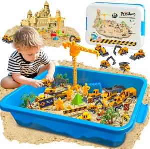Construction Sensory Bin, Portable Sandbox with Lid & 2.6lbs Sand & 5 Trucks, Construction Play Sand Toys for Kids Indoor Outdoor Play, Girls Boys Gifts for Christmas Birthday Age 4-8-12 