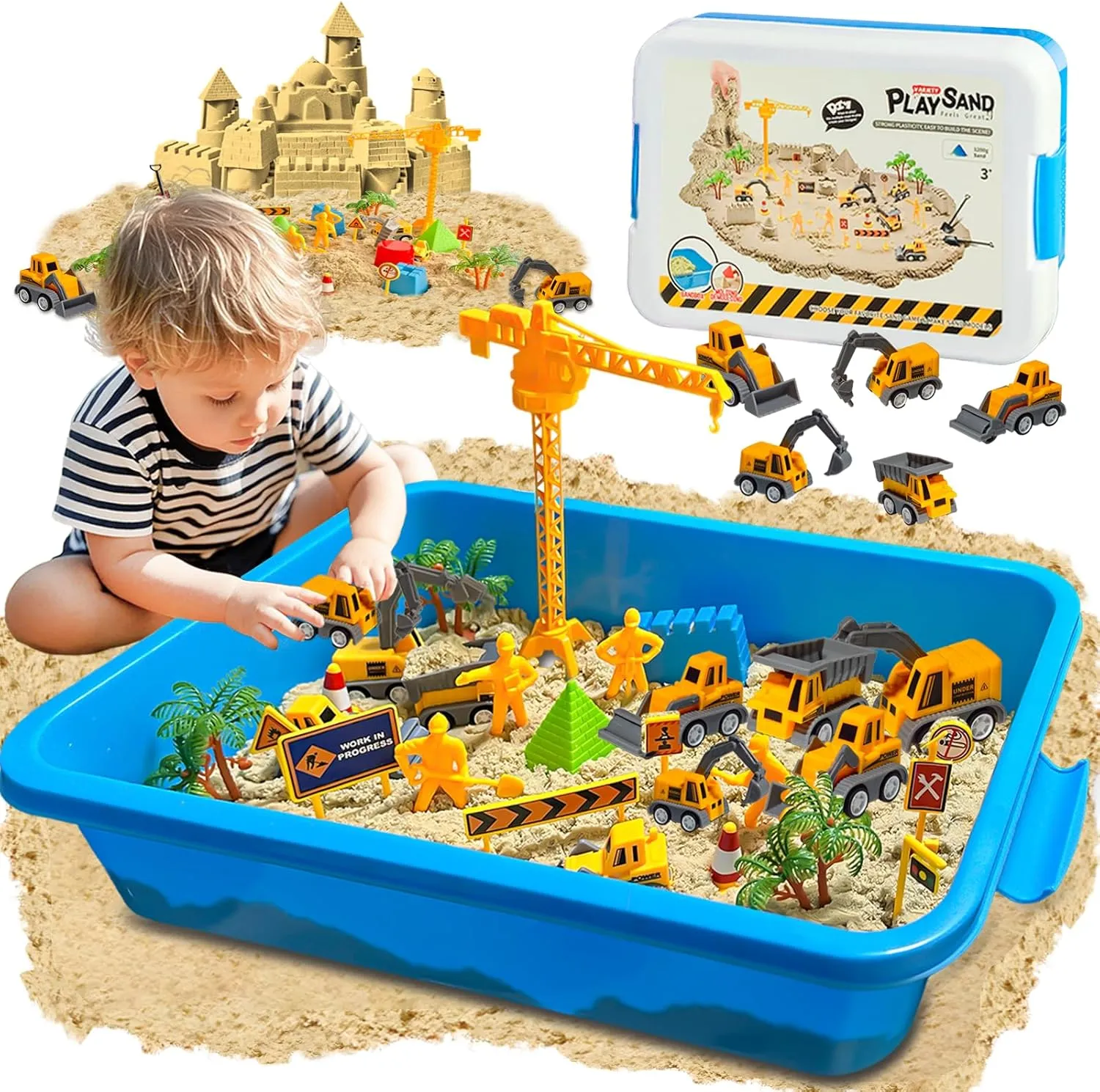 Construction Sensory Bin, Portable Sandbox with Lid & 2.6lbs Sand & 5 Trucks, Construction Play Sand Toys for Kids Indoor Outdoor Play, Girls Boys Gifts for Christmas Birthday Age 4-8-12 