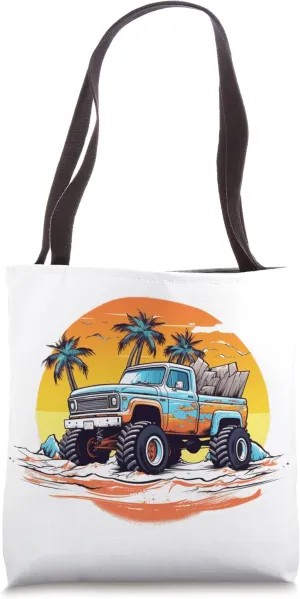 Cooler Monstertruck unter Palmen am Strand hat starke Power Tote Bag
