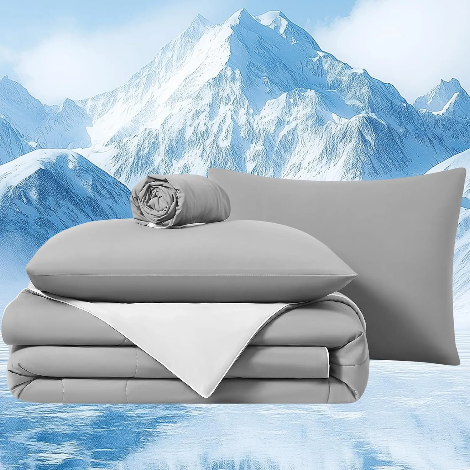 Cooling Comforter Set with Sheets&Pillowcases,Cooling Blanket for Hot Sleeper Cold ice Double Side Grey Bed Set King Size 4pcs(Comforter Fitted Sheets 2Pillowcases)