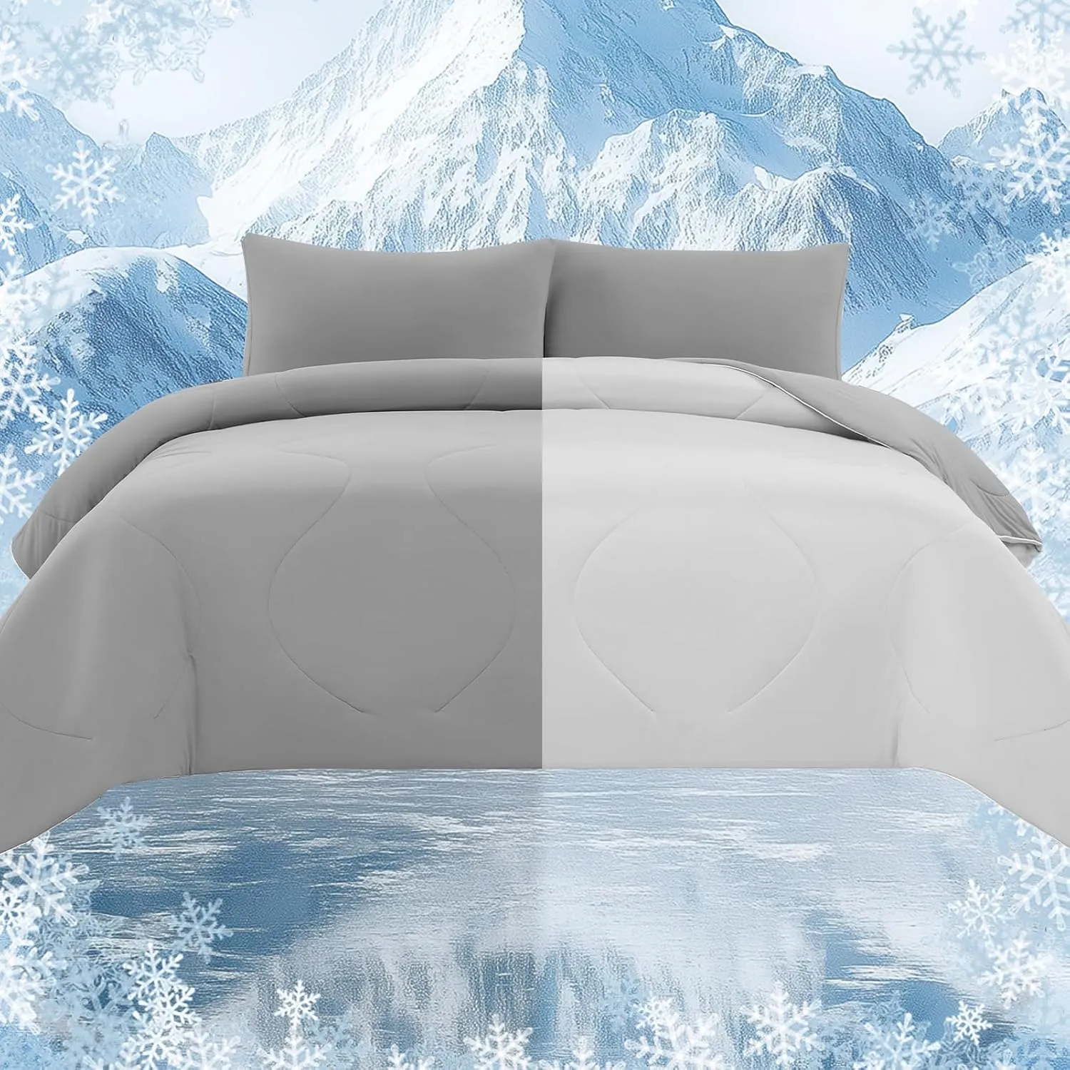 Cooling Comforter Set with Sheets&Pillowcases,Cooling Blanket for Hot Sleeper Cold ice Double Side Grey Bed Set King Size 4pcs(Comforter Fitted Sheets 2Pillowcases)