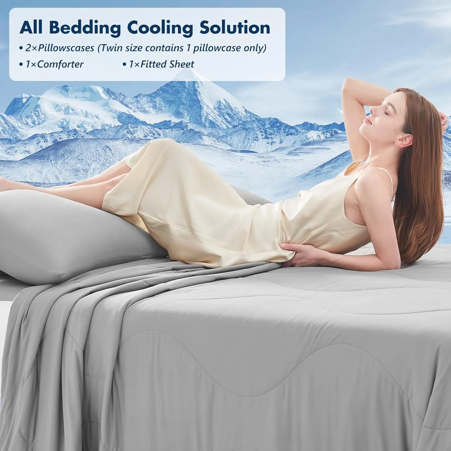Cooling Comforter Set with Sheets&Pillowcases,Cooling Blanket for Hot Sleeper Cold ice Double Side Grey Bed Set King Size 4pcs(Comforter Fitted Sheets 2Pillowcases)