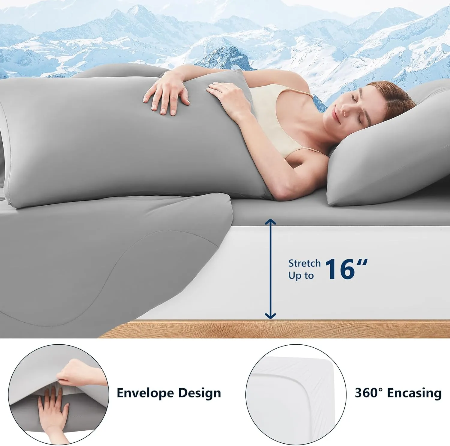 Cooling Comforter Set with Sheets&Pillowcases,Cooling Blanket for Hot Sleeper Cold ice Double Side Grey Bed Set King Size 4pcs(Comforter Fitted Sheets 2Pillowcases)