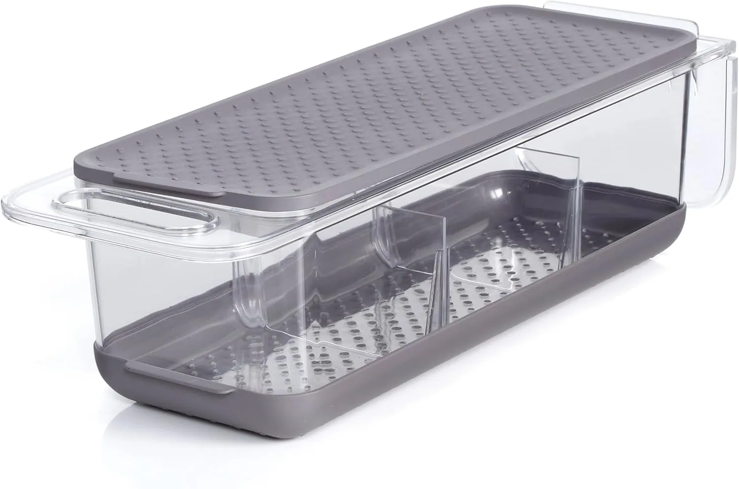 Copco Over the Sink Colander and Fridge Storage Bin with Folding Handle for Rinsing and Storing Fruits and Vegetables, 16.5x5.6x4.5 inch, Clear/Gray