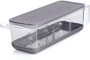 Copco Over the Sink Colander and Fridge Storage Bin with Folding Handle for Rinsing and Storing Fruits and Vegetables, 16.5x5.6x4.5 inch, Clear/Gray