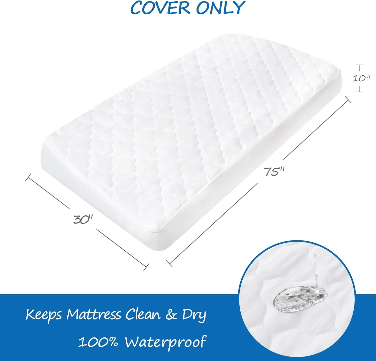 Cot Mattress Pad Protector Waterproof, Quilted Cot Size Mattress Cover 30" X 75" X 10" Fitted for Narrow Twin/Camp Bunk/Rvs Bunk/Guest Beds, Deep Pocket Mattress Topper, White (Cover Only)