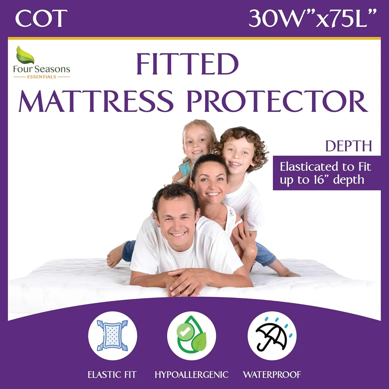 Cot Size Waterproof Mattress Protector (30" Wx75 L) - Fitted Sheet Style - Hypoallergenic Premium Quality Cover Protects Against Dust, Allergies