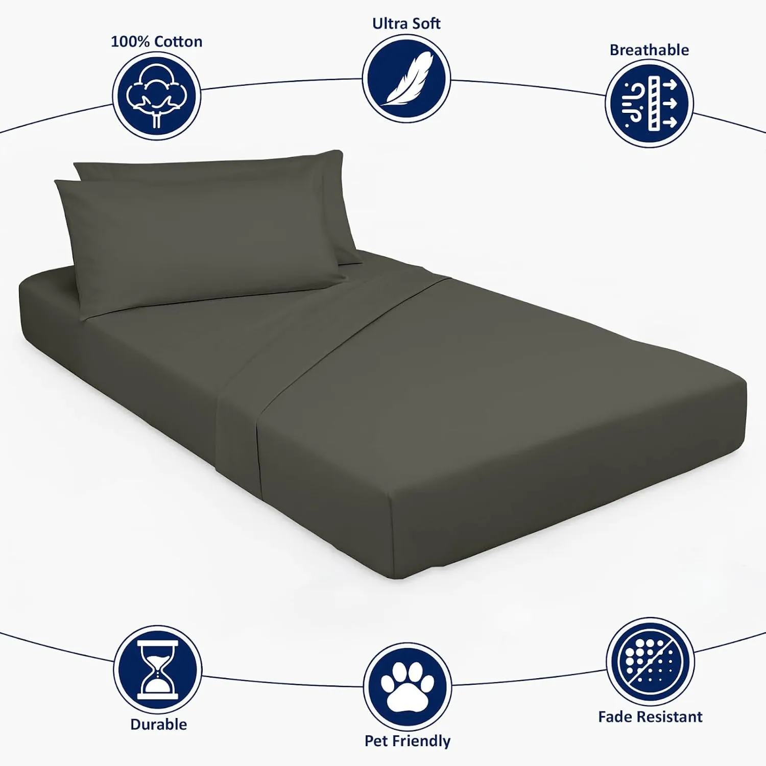 Cottingon 4 Pc Cot Sheets 28"x75" Set, 100% Egyptian Cotton, Perfect for Rollaway Beds, Narrow Twin, Camping, Cot Size, Rv Bunk, Guest Bed Replacement 7" Deep Mattress, Dark Grey Solid