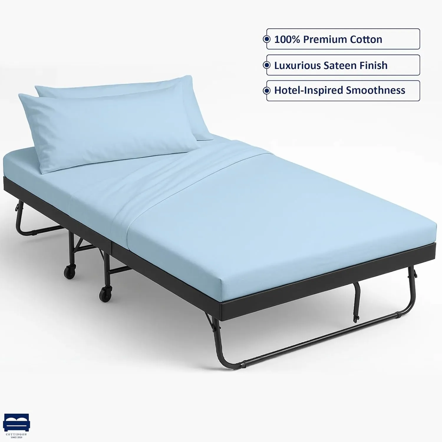 Cottingon 4 Pc Cot Sheets 28"x75" Set, 100% Egyptian Cotton, Perfect for Rollaway Beds, Narrow Twin, Camping, Cot Size, Rv Bunk, Guest Bed Replacement 7" Deep Mattress, Light Blue Solid