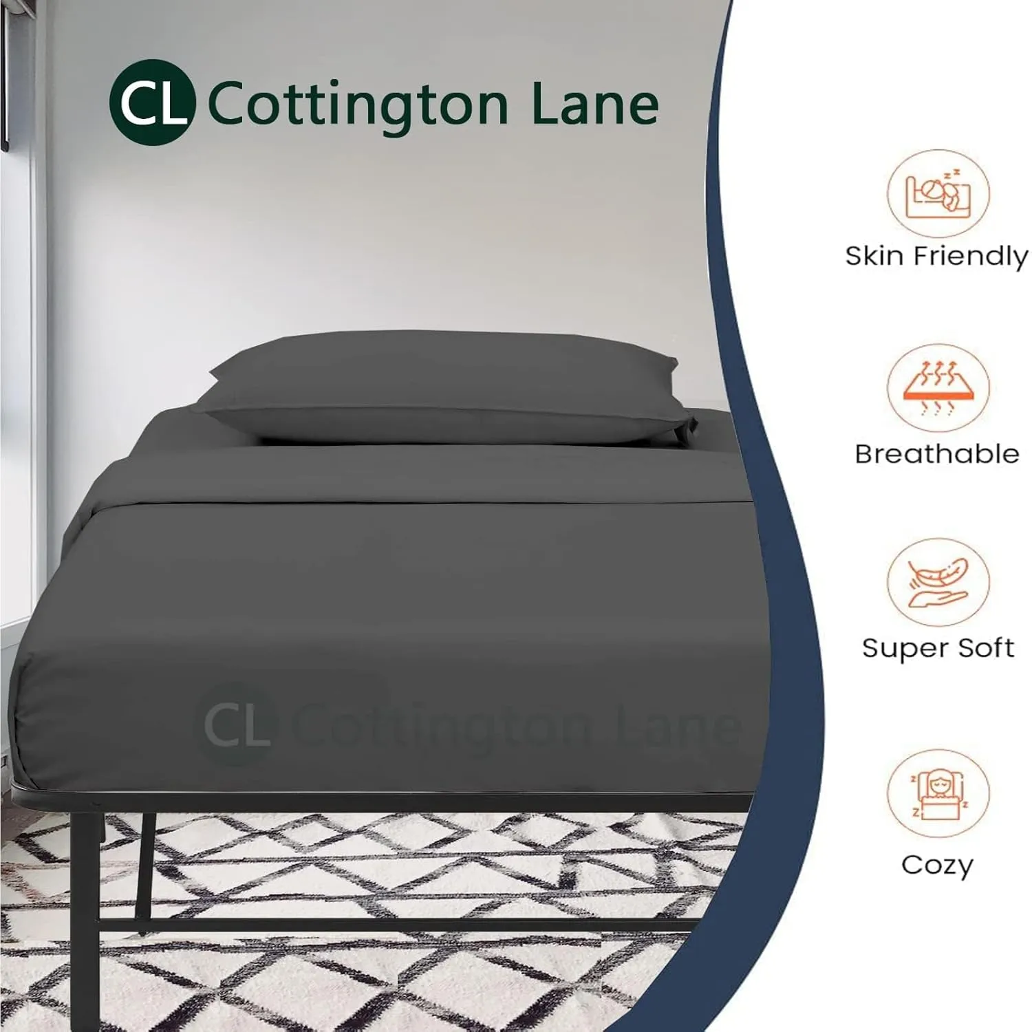 Cottington Lane 4 Piece Cot Sheets Set 30" X 75" with 8 Inch Deep Pocket Dark Grey Solid, 100% Egyptian Cotton Cot Sheets, Perfect for Narrow Twin, Camp Bunk,Trifold Mattress, Guest Bed Replacement