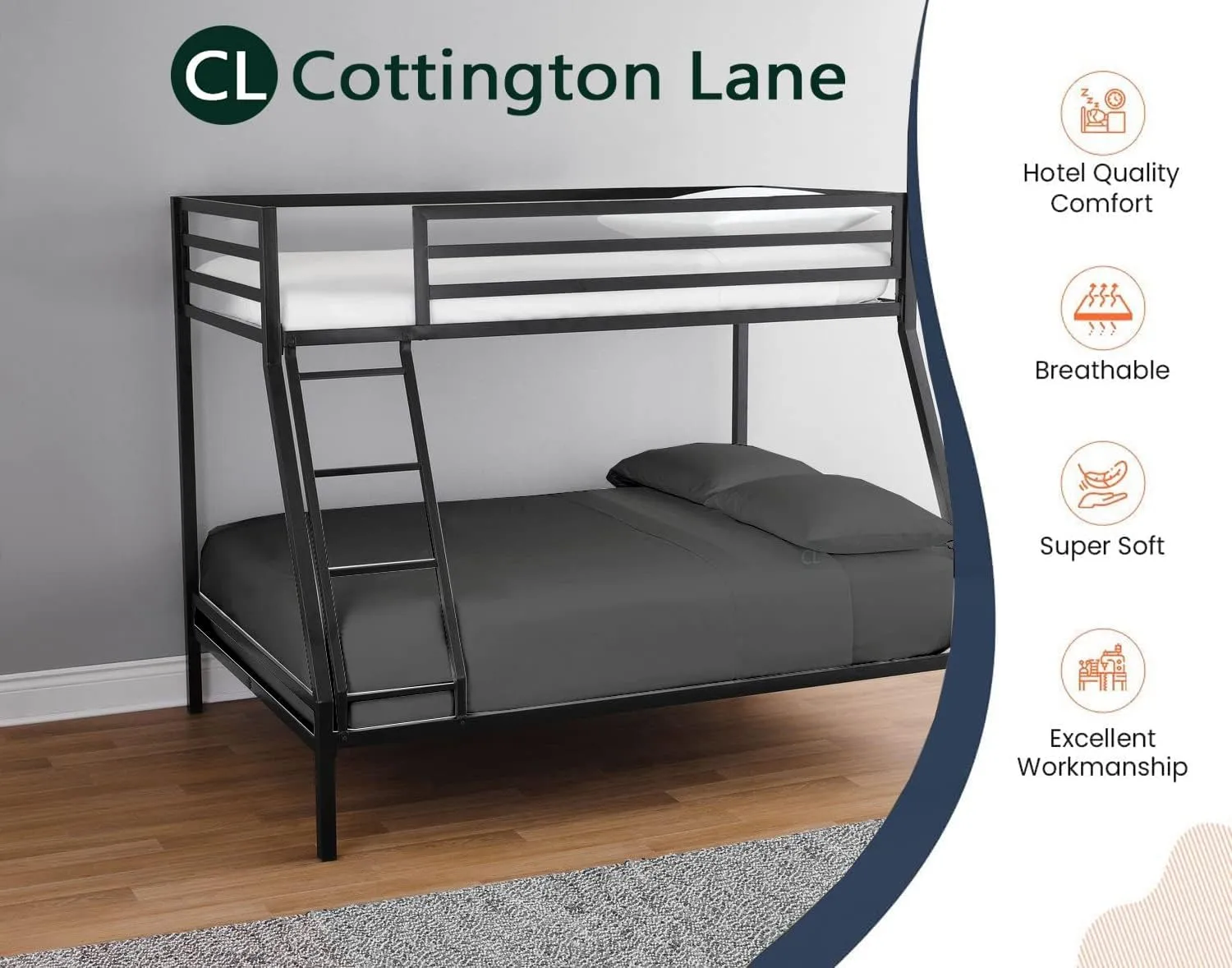 Cottington Lane 4 Piece Cot Sheets Set 30" X 75" with 8 Inch Deep Pocket Dark Grey Solid, 100% Egyptian Cotton Cot Sheets, Perfect for Narrow Twin, Camp Bunk,Trifold Mattress, Guest Bed Replacement