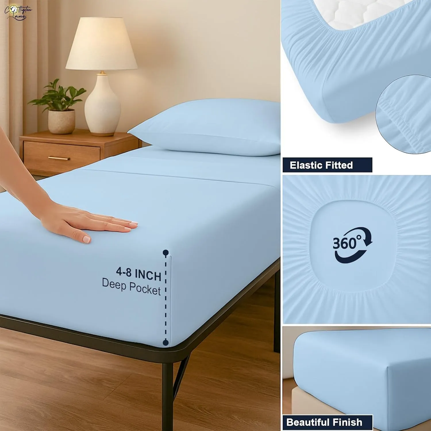 Cottington Lane 4 Piece Cot Sheets Set 30" X 75" with 8 Inch Deep Pocket Light Blue Solid, 100% Egyptian Cotton Cot Sheets, Perfect for Narrow Twin, Camp Bunk,Trifold Mattress, Guest Bed Replacement