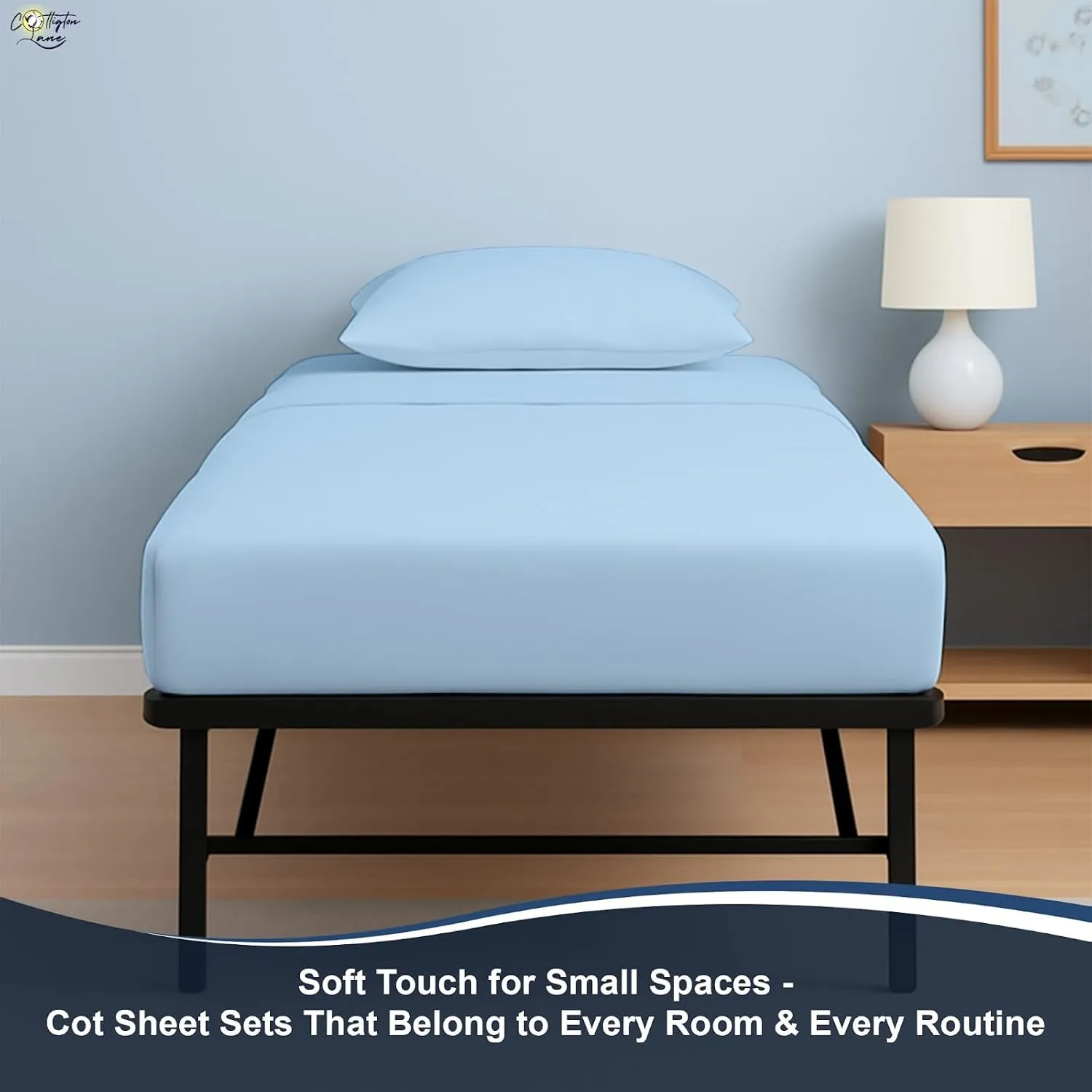 Cottington Lane 4 Piece Cot Sheets Set 30" X 75" with 8 Inch Deep Pocket Light Blue Solid, 100% Egyptian Cotton Cot Sheets, Perfect for Narrow Twin, Camp Bunk,Trifold Mattress, Guest Bed Replacement