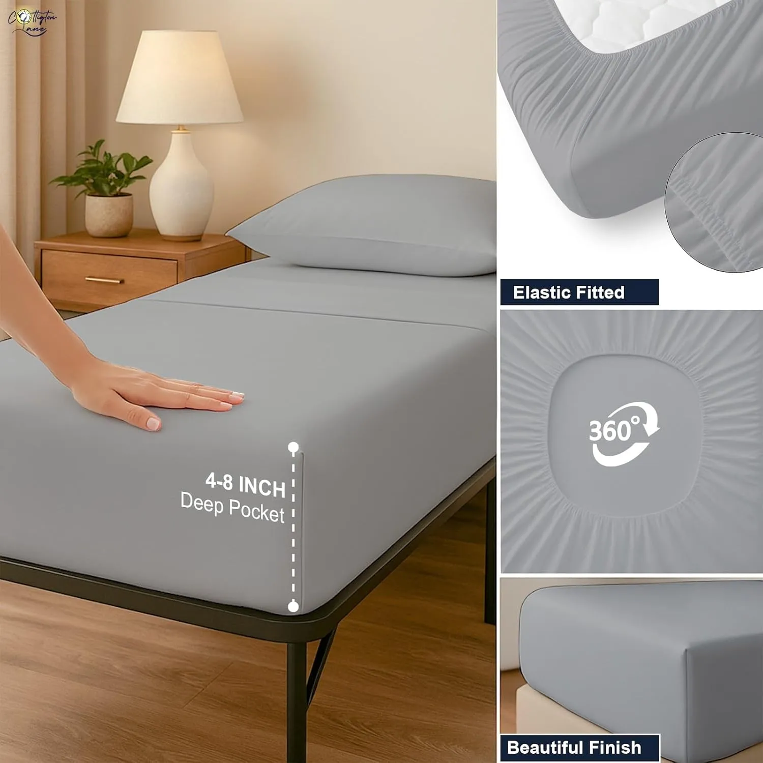 Cottington Lane 4 Piece Cot Sheets Set 30" X 75" with 8 Inch Deep Pocket Light Grey Solid, 100% Egyptian Cotton Cot Sheets, Perfect for Narrow Twin, Camp Bunk,Trifold Mattress, Guest Bed Replacement