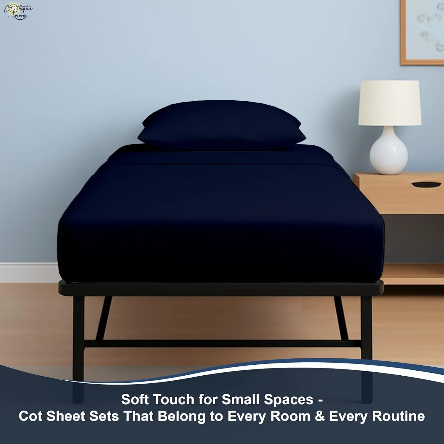 Cottington Lane 4 Piece Cot Sheets Set 30" X 75" with 8 Inch Deep Pocket Navy Blue Solid, 100% Egyptian Cotton Cot Sheets, Perfect for Narrow Twin, Camp Bunk,Trifold Mattress, Guest Bed Replacement