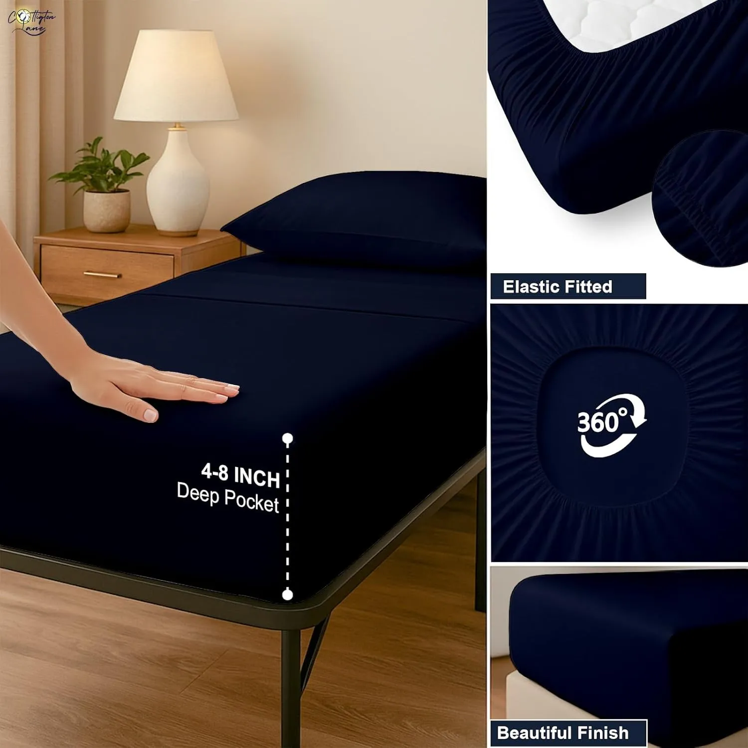 Cottington Lane 4 Piece Cot Sheets Set 30" X 75" with 8 Inch Deep Pocket Navy Blue Solid, 100% Egyptian Cotton Cot Sheets, Perfect for Narrow Twin, Camp Bunk,Trifold Mattress, Guest Bed Replacement