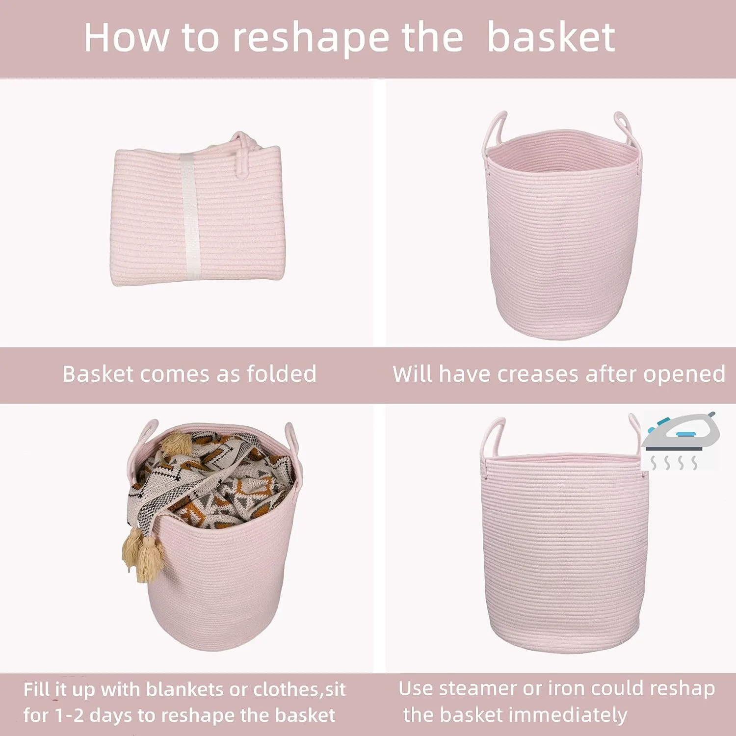 Cotton Rope Laundry Basket Hamper for Girls Kids Baby Nursery Hamper Bin Woven Storage Basket for Living Room Girls room Boho Tall Rope Baskets for Blanket Toys Large light pink