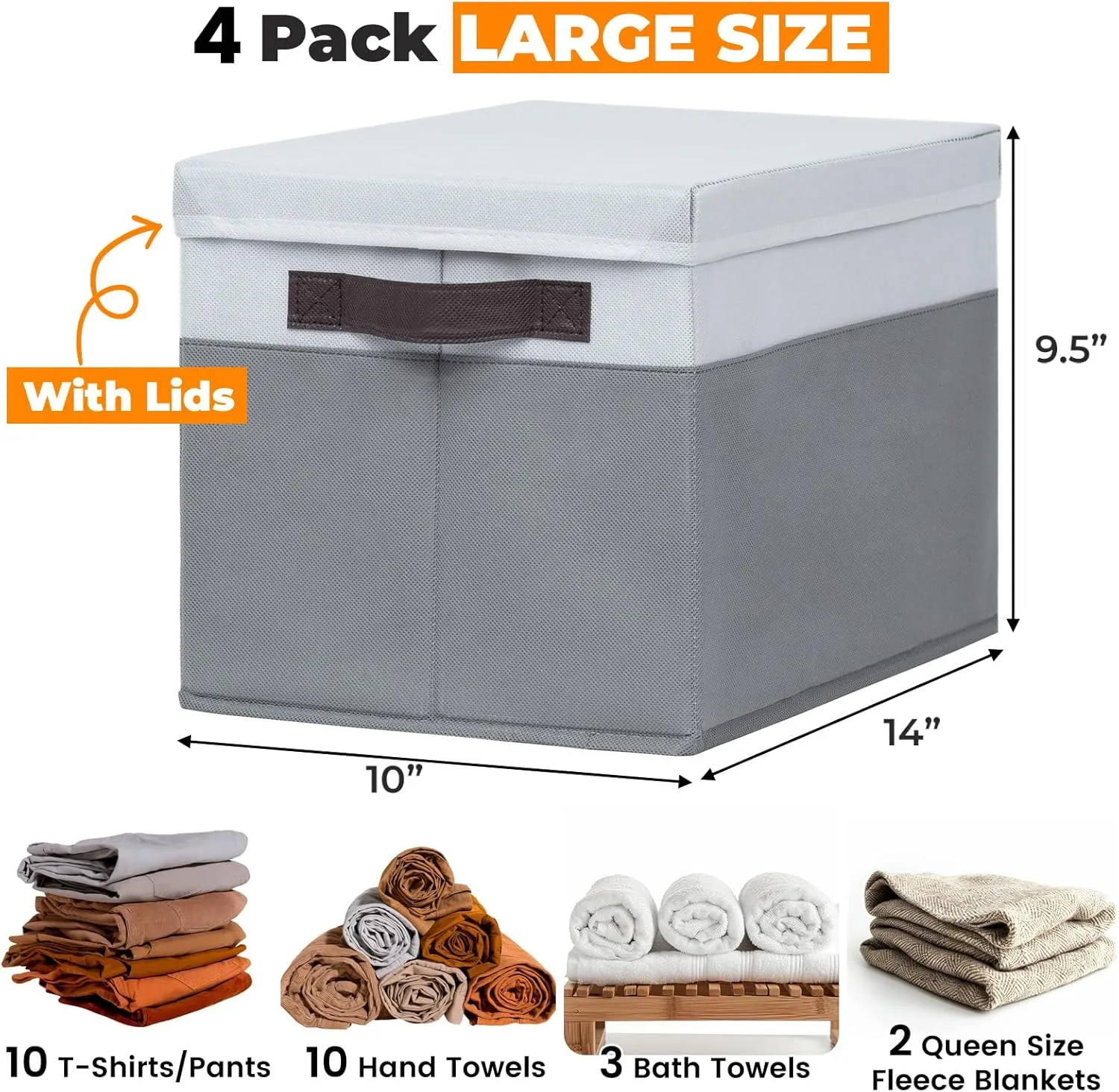 Criusia Large Storage Baskets Bins with Lids 4 Pack, Storage Baskets for Organizing Shelves Nursery Bedroom, Home Closet Organizers Cubes for Clothes Toys Blanket - Stackable & Sturdy -14x10x9.5