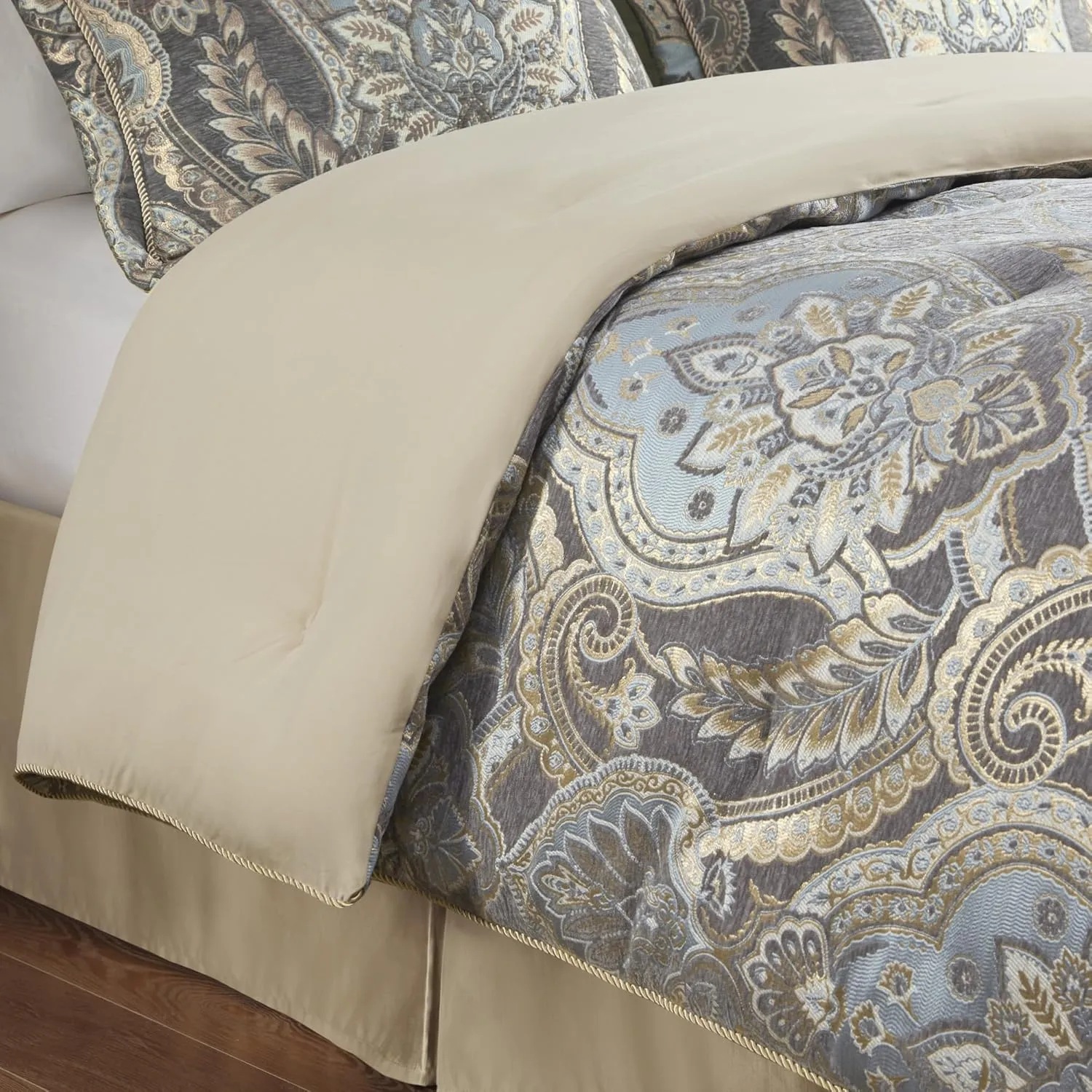 Croscill Queen Comforter Set, Luxe Chenille Jacquard Damask, Soft Microfiber Twill Comforter for a Queen-Size Bed, Oversized Comforter Queen Bedding, 2 Shams & Bedskirt, Julius, Blue/Grey 4 Piece