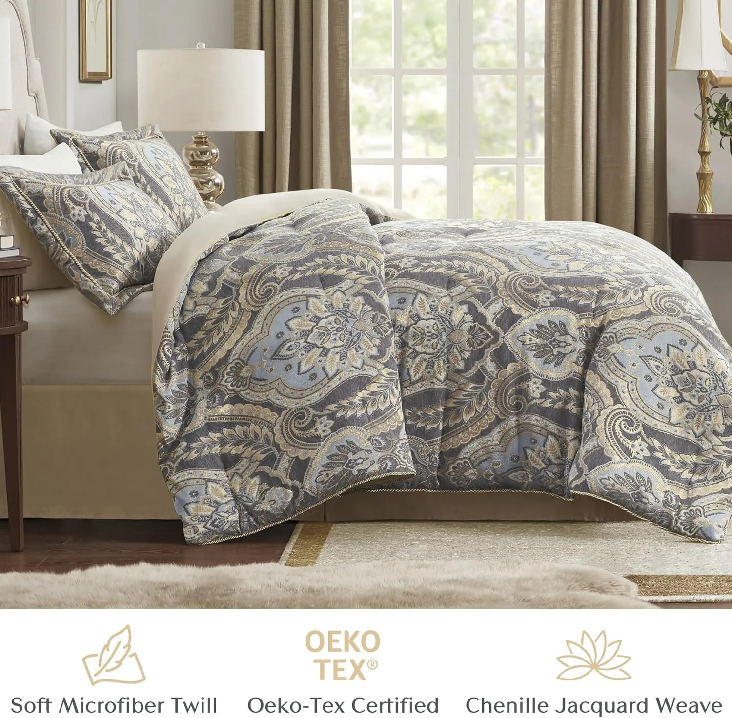 Croscill Queen Comforter Set, Luxe Chenille Jacquard Damask, Soft Microfiber Twill Comforter for a Queen-Size Bed, Oversized Comforter Queen Bedding, 2 Shams & Bedskirt, Julius, Blue/Grey 4 Piece