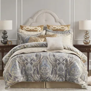 Croscill Queen Comforter Set, Luxe Chenille Jacquard Damask, Soft Microfiber Twill Comforter for a Queen-Size Bed, Oversized Comforter Queen Bedding, 2 Shams & Bedskirt, Julius, Blue/Grey 4 Piece
