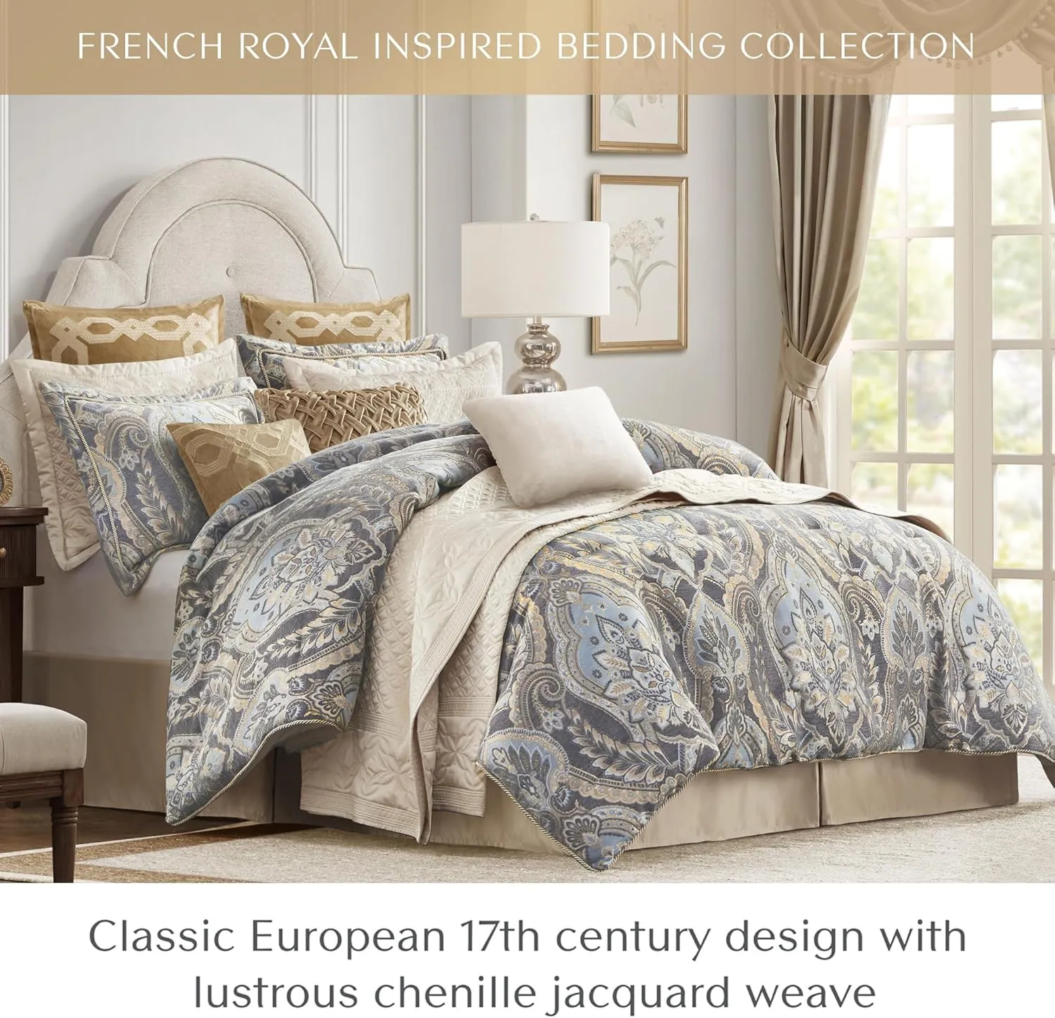 Croscill Queen Comforter Set, Luxe Chenille Jacquard Damask, Soft Microfiber Twill Comforter for a Queen-Size Bed, Oversized Comforter Queen Bedding, 2 Shams & Bedskirt, Julius, Blue/Grey 4 Piece