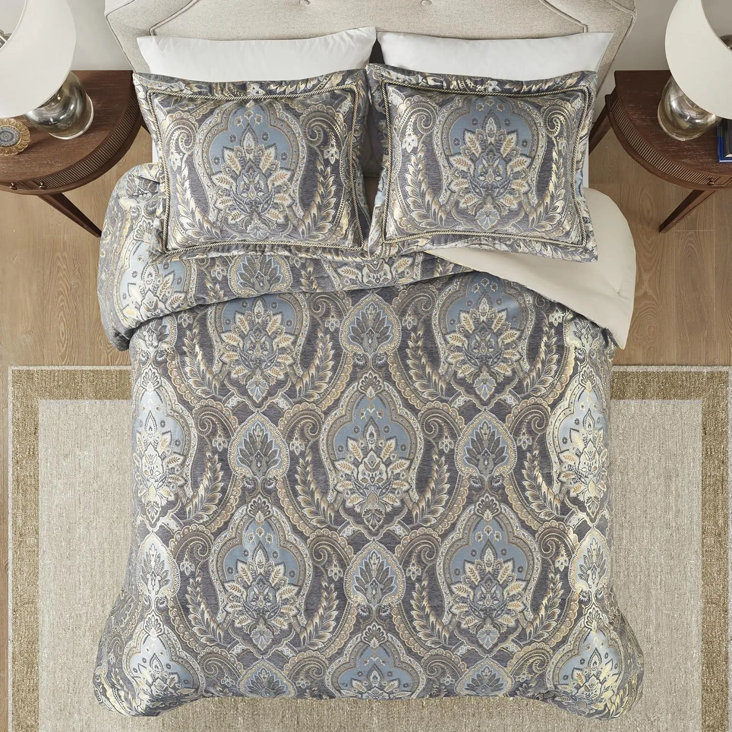 Croscill Queen Comforter Set, Luxe Chenille Jacquard Damask, Soft Microfiber Twill Comforter for a Queen-Size Bed, Oversized Comforter Queen Bedding, 2 Shams & Bedskirt, Julius, Blue/Grey 4 Piece