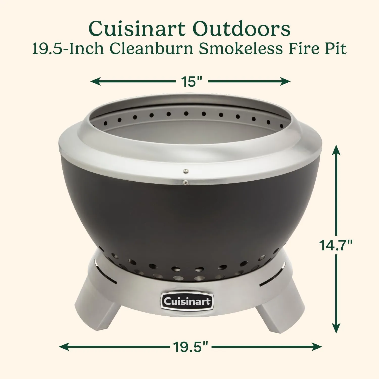 Cuisinart 19.5” Cleanburn Smokeless Fire Pit with Removable Base for Ash, Portable Outdoor Wood Burning Fireplace, Smoke Free Carbon Stainless Steel Outdoor Heater, Enhanced Airflow & Easy Cleanup