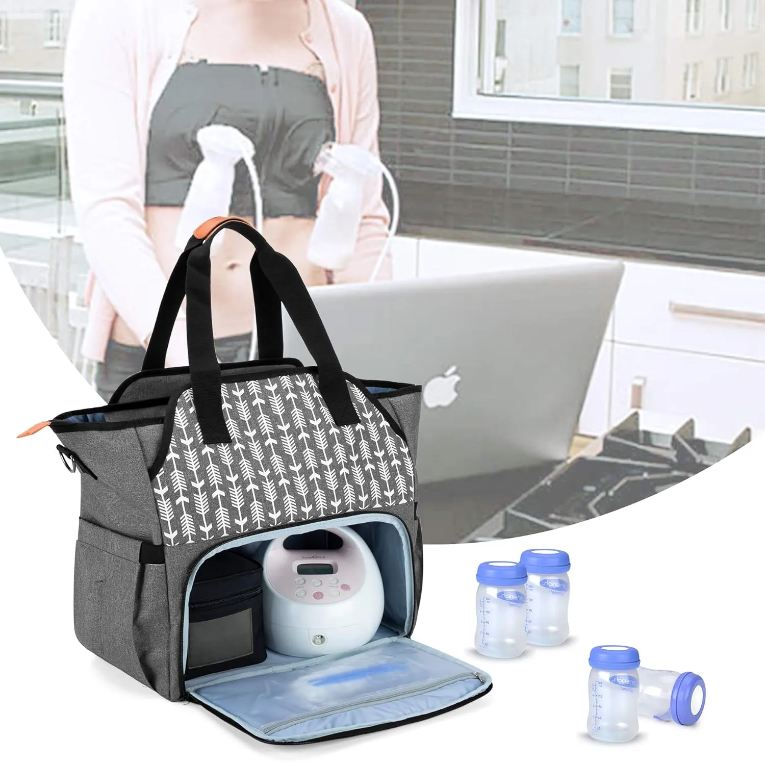 CURMIO Breast Pump Tote Bag Compatible for Spectra S1, S2 and Medela, Pumping Bag with Laptop Pocket for Working Moms, Grey (Patented Design)