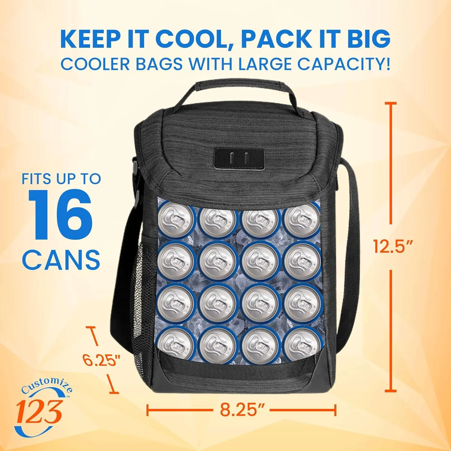 Custom Soft Cooler Bag - Personalize Your Insulated Bag for Corporate Events or Gifts - Leak Proof Customizable Portable Cooler Bag Holds 16 Beer Cans - 12.5 x 8.25 x 6.25 - Customize 123