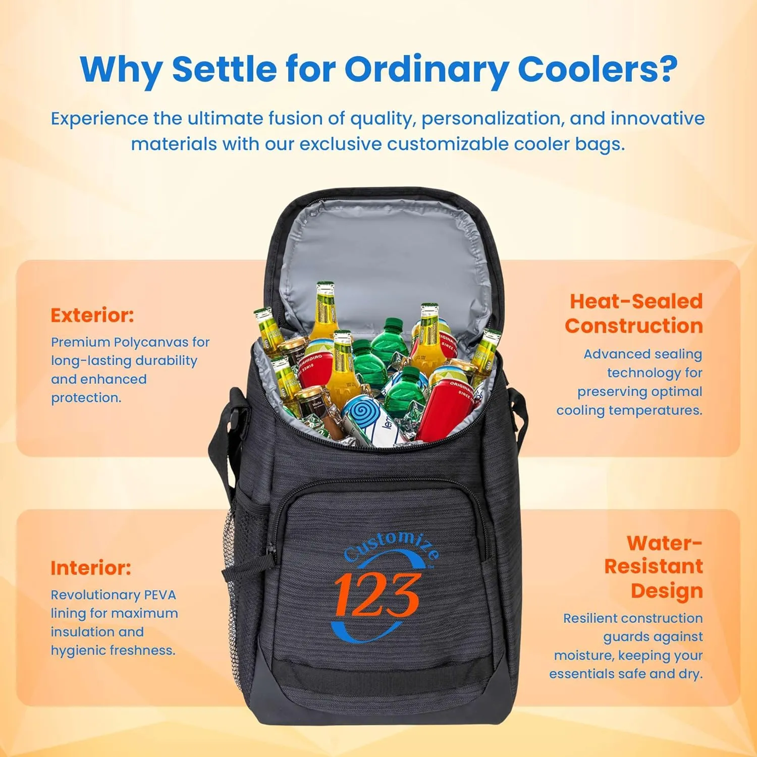 Custom Soft Cooler Bag - Personalize Your Insulated Bag for Corporate Events or Gifts - Leak Proof Customizable Portable Cooler Bag Holds 16 Beer Cans - 12.5 x 8.25 x 6.25 - Customize 123