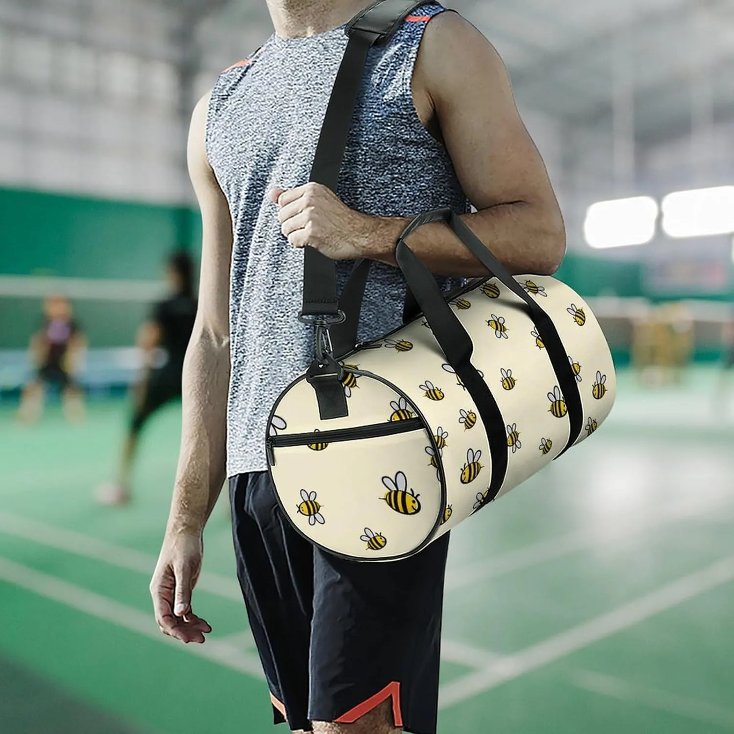 Cute Bee Pattern Large Capacity Cylindrical Fitness Bag, Hand-held Fitness Bag