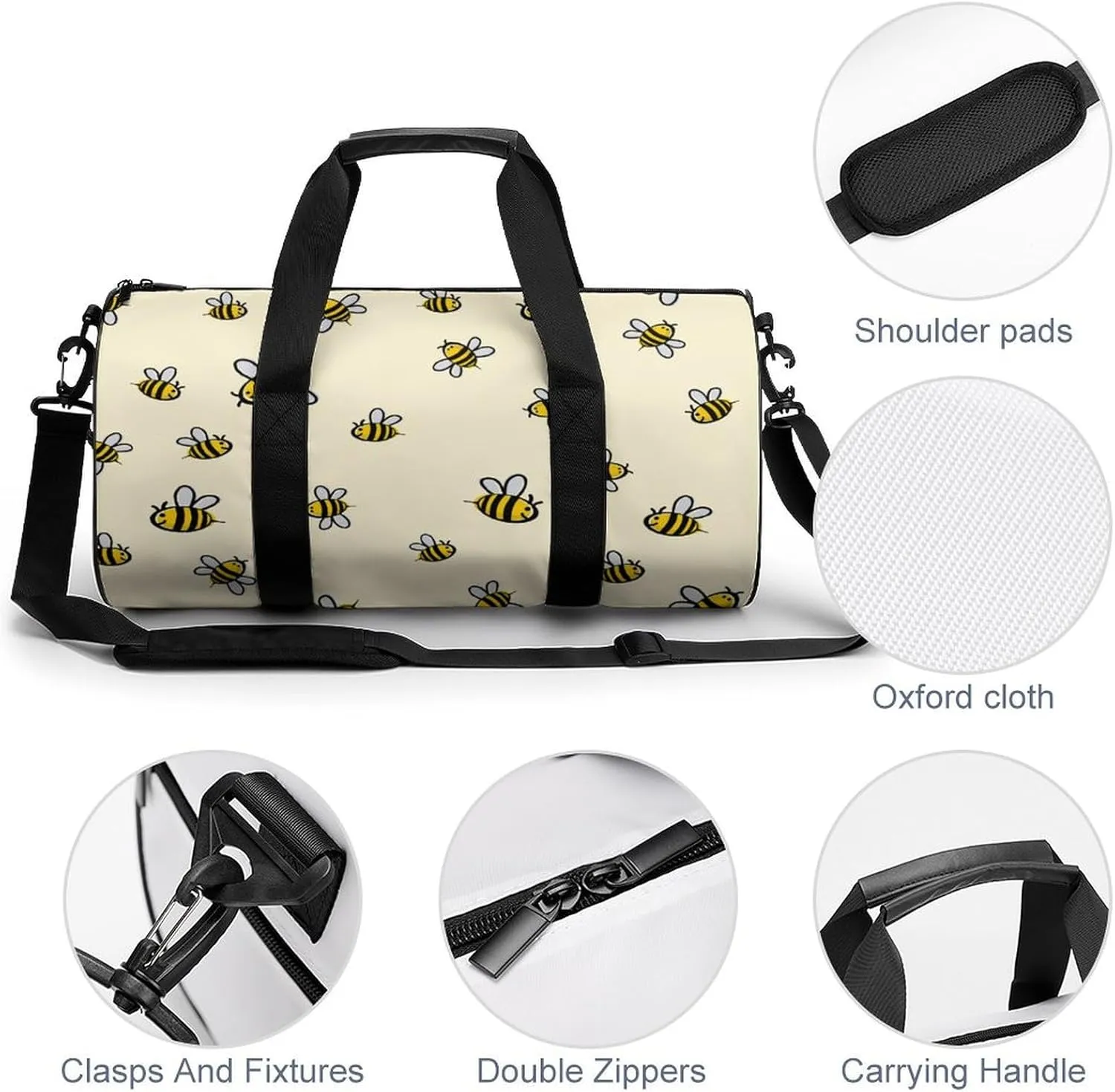 Cute Bee Pattern Large Capacity Cylindrical Fitness Bag, Hand-held Fitness Bag